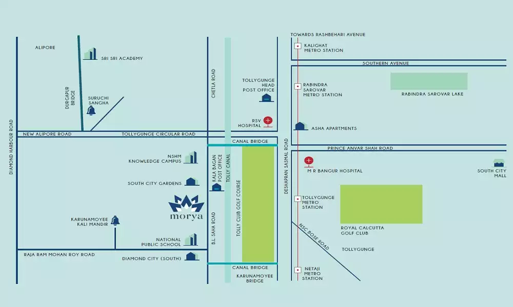 Morya location map — 88A B.L. Saha Road, beside the Tolly Club golf course